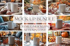 multiple photos of coffee cups and autumn leaves on a table with the words mockup bundle