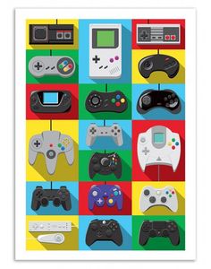 a poster with different video game controllers on it