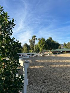 an empty horse paddock in the middle of a dirt field with palm trees on either side