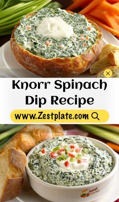 a bowl of spinach dip on a plate with bread and vegetables in the background