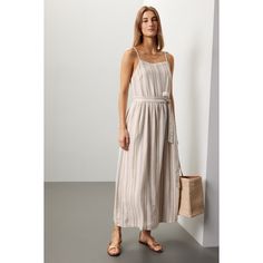 Off-white stripe (55% Linen, 45% Rayon). Casual dress. Sleeveless. Square neck. Pull-on closure. 45.5" from shoulder to hemline. Imported. Elegant Striped Maxi Dress For Daywear, Vertical Stripes Maxi Dress For Day Out, Striped Maxi Dress For Daywear, Sleeveless Vertical Stripes Maxi Dress, Casual Sleeveless Maxi Dress With Vertical Stripes, Chic Midi Dress With Vertical Stripes For Beach, Striped Summer Daywear Dress, Vertical Stripes Summer Dresses For Day Out, Chic Vertical Stripes Midi Dress For Beach