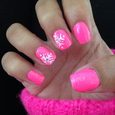 Pink January Nails, January Snowflake Nails, Neon Pink Christmas Nails, Hot Pink Holiday Nails, Pink Christmas Gel Nails Short, Christmas Nails Hot Pink, Pink Nails With Snowflakes, Christmas Nail Ideas Holiday Simple, Star Design Nail Art