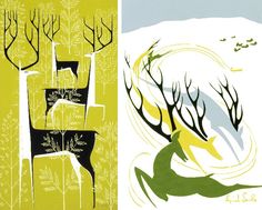 three different types of art work with trees and deers in the middle one is yellow