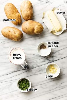 the ingredients needed to make baked potato soup on a marble countertop with text overlay