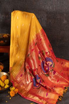 Handwoven Narali Kath yellow pure silk yeola paithani Luxury Paithani Silk Handloom Dupatta, Yellow Semi-stitched Handloom Saree, Yellow Saree With Zari Work For Festivals, Multicolor Banarasi Silk Dupatta With Tilla, Yellow Katan Silk Traditional Wear With Cutdana, Yellow Traditional Wear With Cutdana In Katan Silk, Semi-stitched Yellow Traditional Wear In Katan Silk, Yellow Katan Silk Bollywood Traditional Wear, Yellow Bollywood Katan Silk Traditional Wear