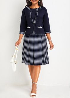 Color:Navy;Size:S;Package Contents:1 X Dress , 1 X Cardigan;Occasion:Holiday;Style:Elegant; Navy Striped Dress, Dress And Cardigan, Round Neck Dress, Flowy Design, Blue Jumpsuits, Lovely Tops, Round Neck Dresses, Solid & Striped, Dress With Cardigan