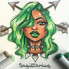 a drawing of a woman's face with green hair and arrows above her head