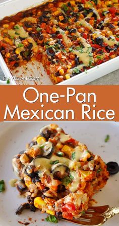 one pan mexican rice casserole on a white plate with a fork in it