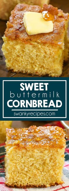 sweet buttermik cornbread cake is cut in half and served on a plate