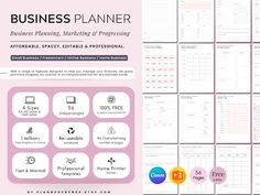 the business planner is shown in pink and white, with different icons on each page