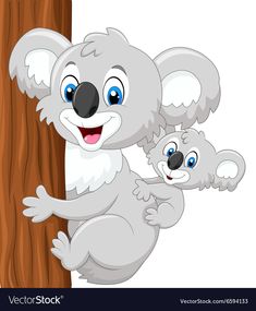 a mother koala and her baby hanging on a tree