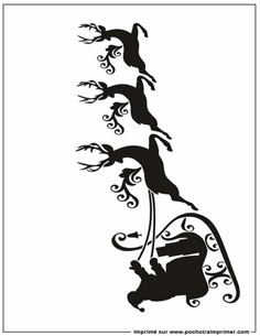 the silhouette of a lizard on top of a tree branch with vines and swirls