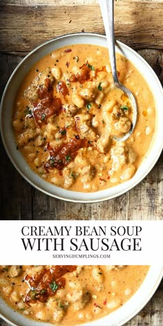 creamy bean soup with sausage in a white bowl on top of a wooden table next to a spoon