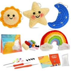 crochet kits and supplies for crafts including a star, moon, and rainbow