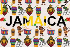 the words jamaica are surrounded by various images of african music instruments and musical instruments with lion heads on them