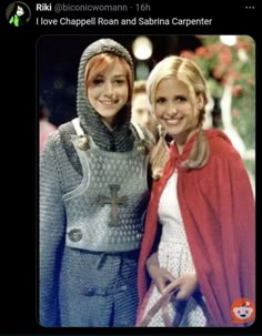 two women dressed in medieval costumes posing for a photo with the caption, i love chapel rowan and sahirna carpenter