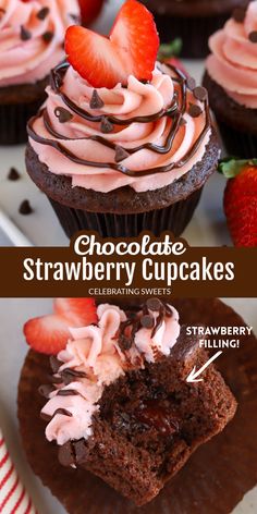 chocolate strawberry cupcakes with strawberries on top