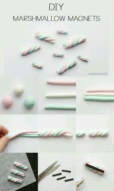 the instructions to make marshmallow magnets with colored paper and scissors are shown