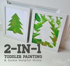 two framed pictures with green trees painted on them