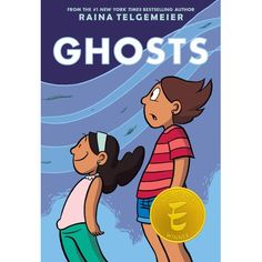 the book cover for ghost's by raina telgemier, featuring two children looking at each other