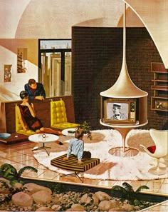 a painting of people sitting in a living room with a television on the far wall