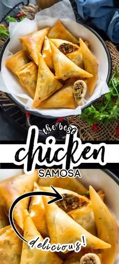 two plates filled with different types of food and the words chicken samosa above them