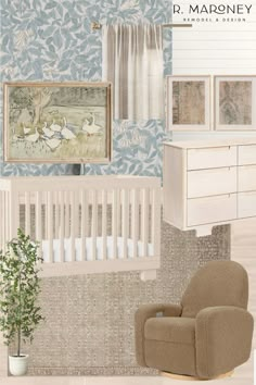 a baby's room with blue and white wallpaper, crib, chair, dresser and potted plant