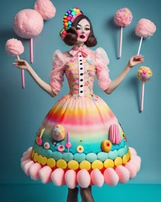 a woman in a colorful dress holding lollipops and marshmallows