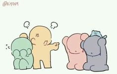 three cartoon elephants sitting next to each other