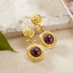 Ross-Simons - Italian Garnet Floral Drop Earrings in 18kt Gold Over Sterling. From Italy, these richly-hued earrings are astonishing. Warm 6.50 ct. t. w. garnet cabochons glow in floral-detailed 18kt yellow gold over sterling silver. Polished finish. Hanging length is 1 1/2". Post/clutch, garnet drop earrings. Garnet birthstones are the perfect gift for January birthdays. Garnet Drop Earrings, Garnet Birthstone, Gifts For Your Sister, Luxury Earrings, Italian Jewelry, Girl Jewelry, Delicate Jewelry, Jewelry Stand, Lovely Earrings