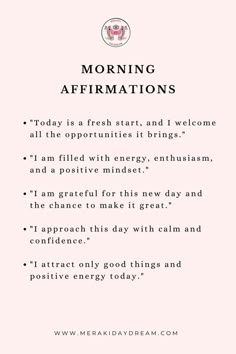 a pink background with the words morning affirmations on it and an image of a