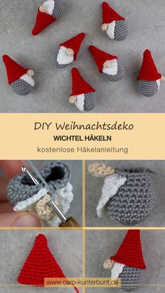 crocheted gnomes made with wool and yarn are shown in several different ways