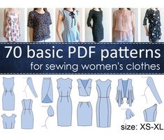 sewing patterns for women's clothes with the text, 70 basic pdf patterns for sewing women's clothes