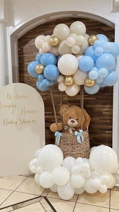 a teddy bear in a basket with balloons