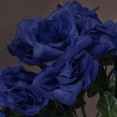 three blue roses in a vase on a table