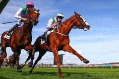 two jockeys are riding their horses on the track