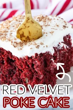 a red velvet poke cake on a white plate with a gold spoon sticking out of it