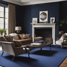 a living room filled with furniture and a fire place next to a large painting on the wall