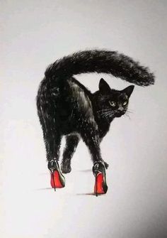 a black cat with red high heels on its feet