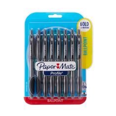 six ballpoint pens in a package on a white background