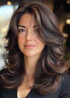 Rich Chocolate Butterfly Layers, Layered Haircut for Women Over 40 Mixed Layers Haircut, Haircut Inspo For Medium Length Hair, Layer Haircut For Medium Hair Wavy, Butterfly Layers Dark Brown Hair, Butterfly Shoulder Length Hair, Shirt Butterfly Haircut, Layers Thick Wavy Hair, Cascading Layers Medium, Deep Layer Haircut For Medium Hair