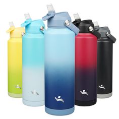 thermos bottles are lined up in different colors