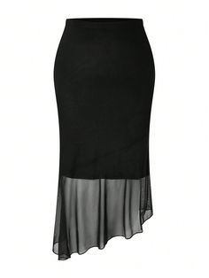 Plus Size Asymmetrical Hem Mesh Skirt Black Elegant   Knitted Fabric Colorblock,Plain Pencil,Mermaid High Stretch  Women Plus Clothing, size features are:Bust: ,Length: ,Sleeve Length: Mesh Skirt, Plus Size Skirts, Asymmetric Hem, Plus Clothing, Crayon, Color Blocking, Length Sleeve, Knitted Fabric, Sleeve Length