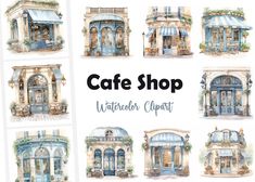 watercolor clipart set of cafe shops