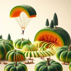 a group of people parachuting over pumpkins with trees and mountains in the background