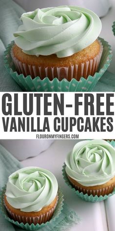 gluten-free vanilla cupcake frosted with green buttercream rosette, gluten-free vanilla cupcakes in green cupcake liners