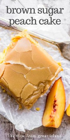 a slice of brown sugar peach cake on top of parchment paper