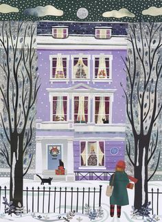 a painting of a woman standing in front of a purple house with trees and snow