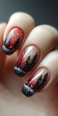 Scenery Nail Art, Scary Christmas Nails, Unusual Nail Designs, Nail Art Inspo, Pastel Nail Art, Xmas Nail Art, Forest Christmas, Thanksgiving Nail Designs, Gel Toe Nails