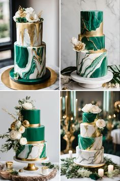 three different photos of a green and gold wedding cake